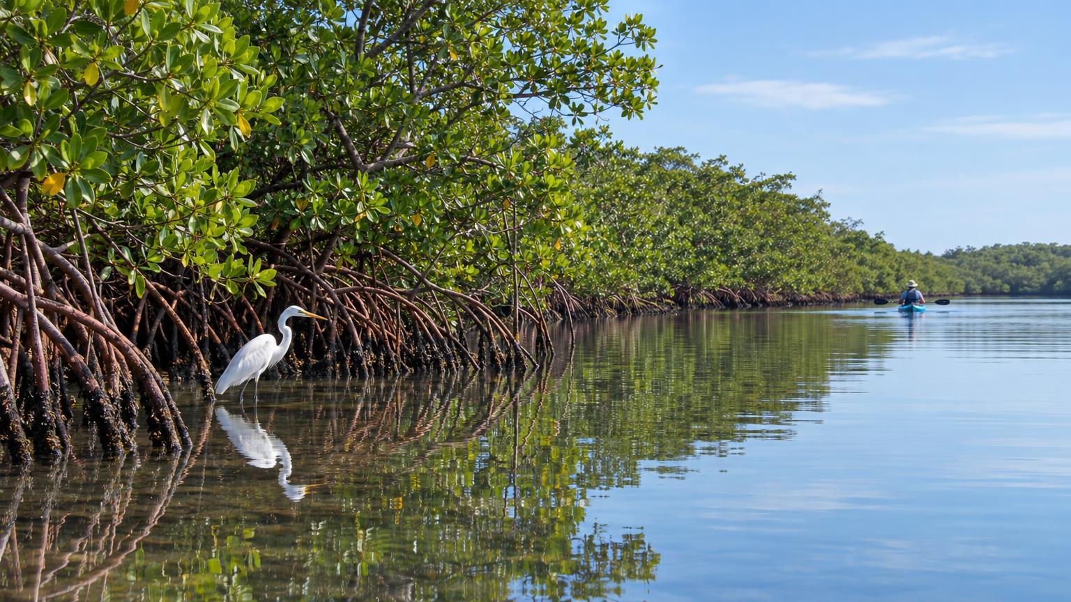 Mangrove-lined back-bay shoreline at Lovers Key State Park with calm water and a paddler in the distance.