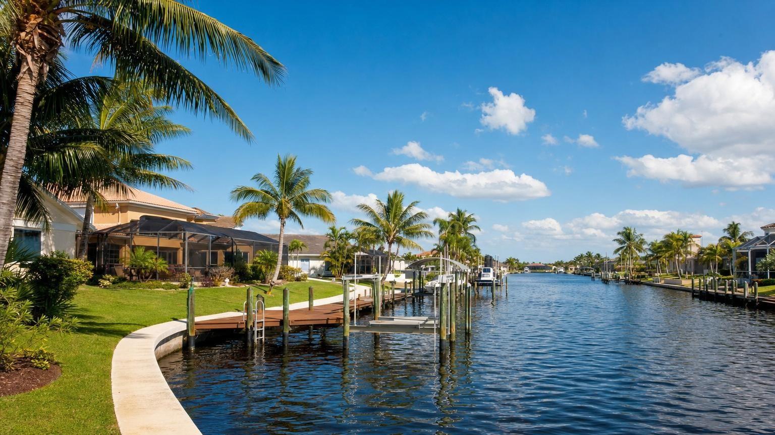 Cape Coral canal lined with palm trees and waterfront vacation homes on a sunny day.