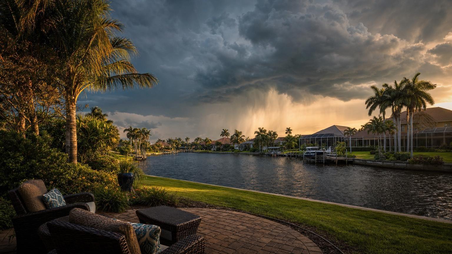 Dramatic summer thunderstorm clouds over a Cape Coral canal
