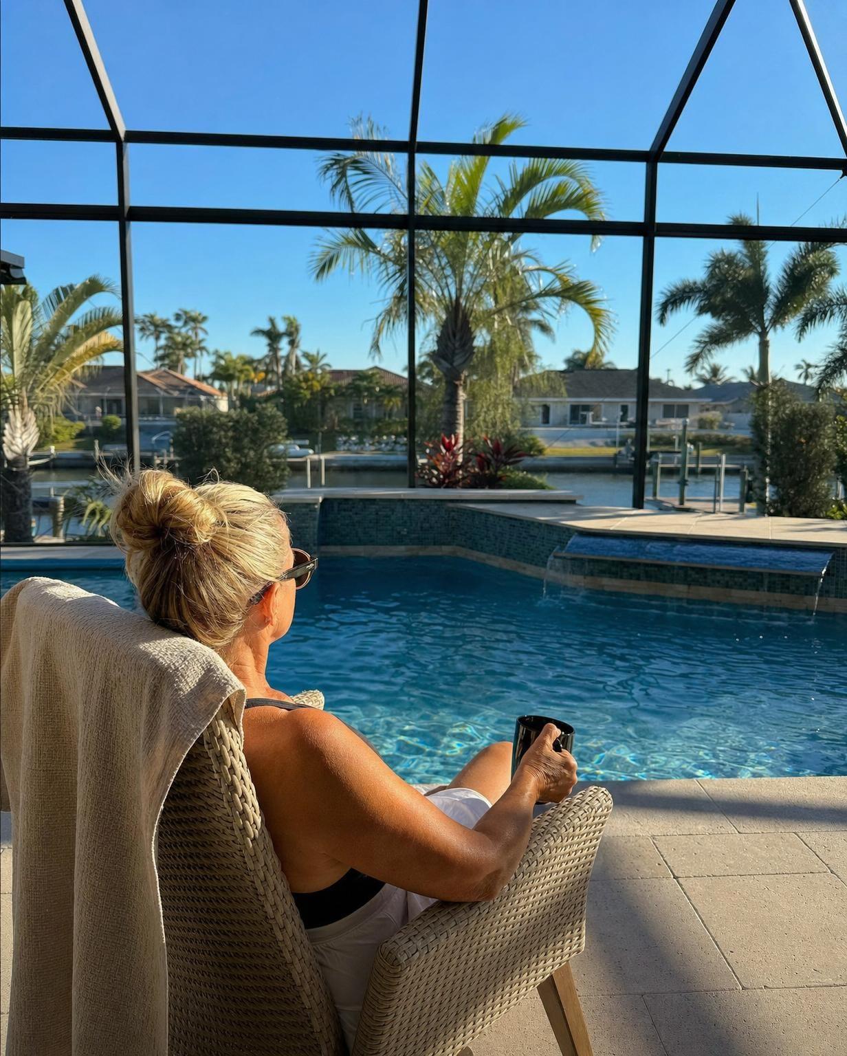 Heated pool and lanai in a Cape Coral vacation home in winter