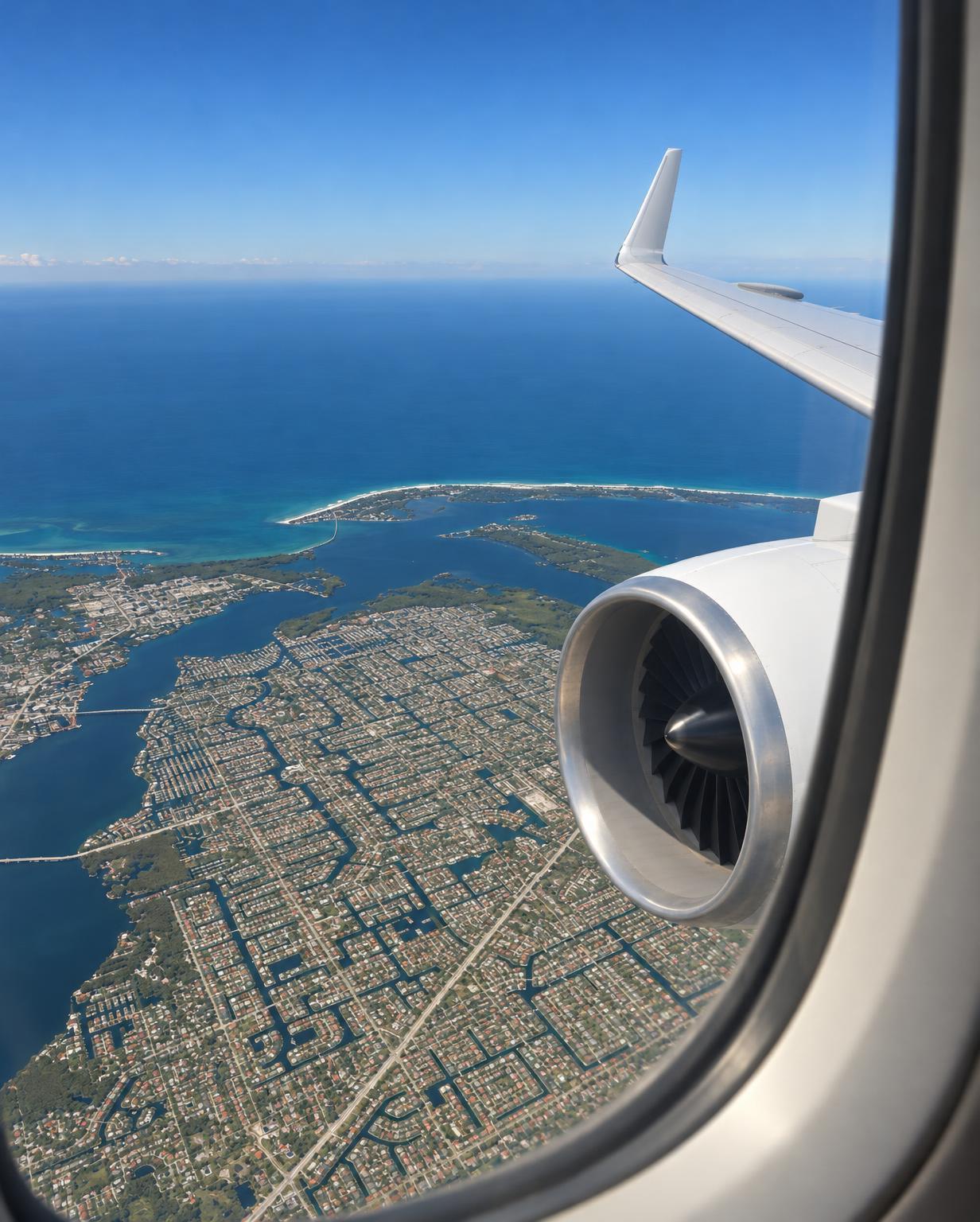 View from an airplane window past the engine and wing onto Cape Coral, Florida, a dense grid of streets and canals beside the Caloosahatchee River, with Sanibel Island and the Gulf of Mexico on the horizon.