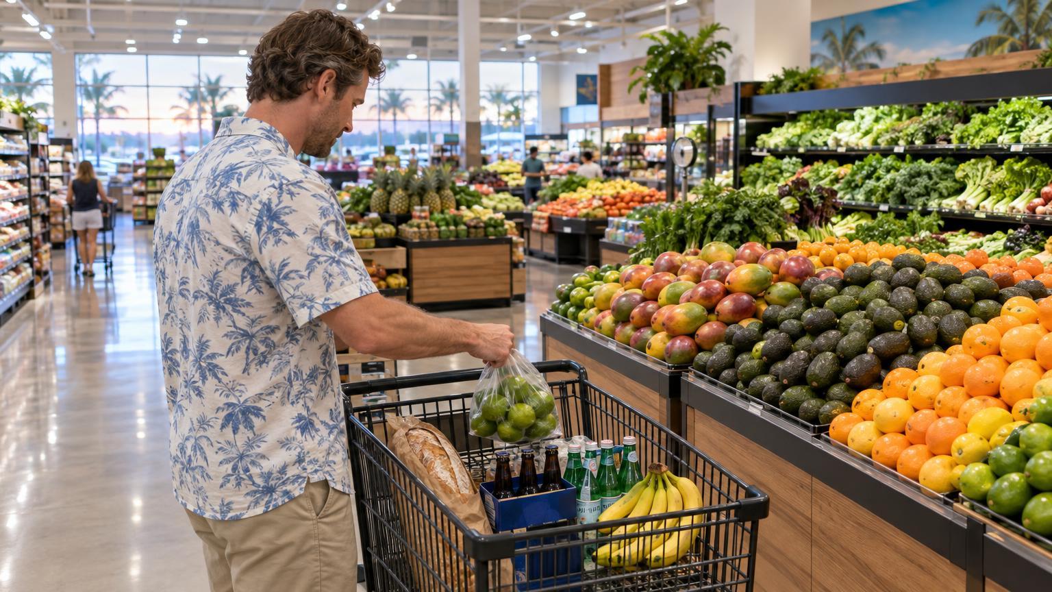 Traveler putting a bag of limes into a shopping cart with bread, beer, sparkling water and bananas in the bright produce section of a Florida supermarket.